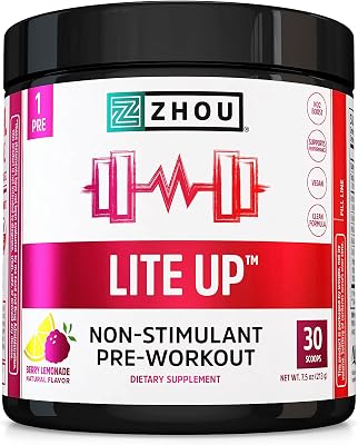 Zhou Lite Up - Non Stim Powder, Nitric Oxide Stim Free Supplement for Men & Women, Caffeine Free Boost, Clean Formula - Berry Lemonade Flavor, 7.5 oz Jar 30 Scoops