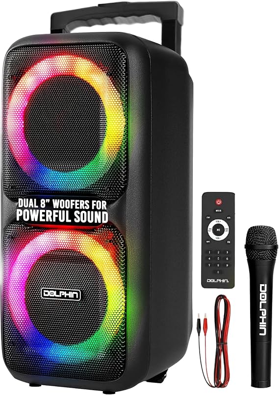 Dolphin Bluetooth Party Speaker with Wireless Microphone, Dual 8" | 80W Output, LED Lights, USB, SD, TF, FM & AUX Inputs, Guitar Input, Echo Controls, Rechargeable Battery, Trolley Wheels