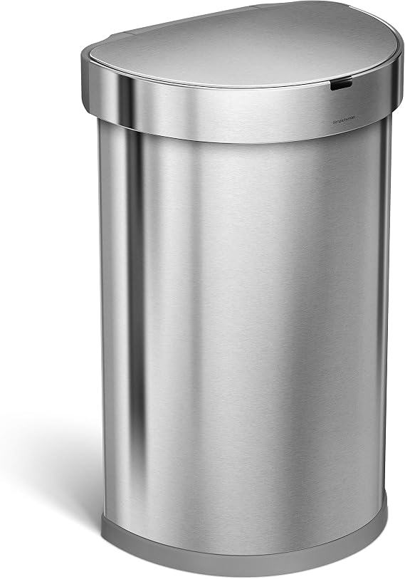 Simplehuman ST2009 Automatic Trash Can, 11.5 gal 45 L, Semi Round Sensor Can, Soft Close, Auto Open/Close, Brushed Stainless Steel
