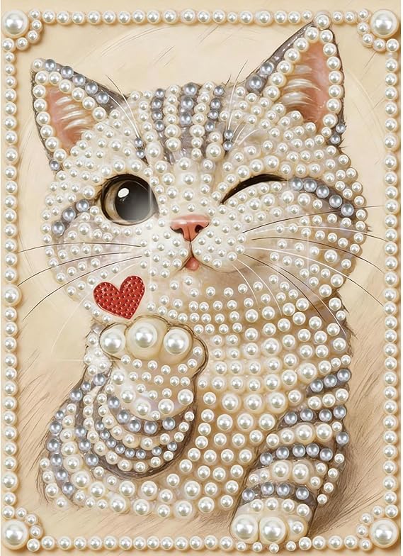 Adult DIY Pearl Painting Kit with Color Canvas- 20x35cm Handmade All Pearl Dot Art - 3D Gemstone Art Craft Gift Room Wall Decor-Cat-3