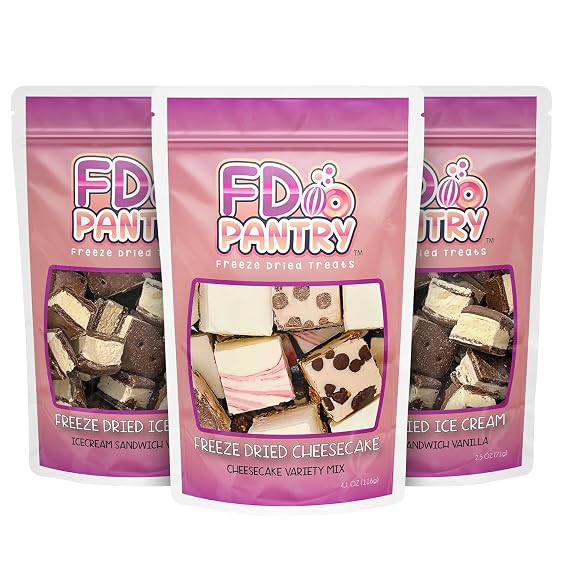 Freeze Dried Ice Cream Sandwich Bites (2 Pack, 2.5oz) + Cheesecake Bites New York Style 4.1oz - Vanilla, Crunchy & Sweet, Caramel, Chocolate Chip, and Strawberry Swirl - Resealable Pouches