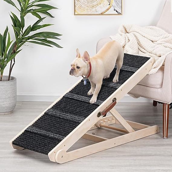 Dog Ramp for Bed - Foldable Small to Large Dog Ramp for Couch - 6 Adjustable Height from 30.5 to 61cm - Stairs with High Traction Mat - Wooden Portable Ramp for Dogs to Get on Bed Couch Car Up to 90kg