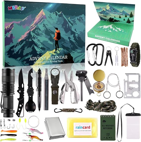 2026 Advent Calendar Survival Kit for Men, 24 Days Christmas Countdown with Outdoor Tools, Xmas Holiday Surprise Gifts for Camping Fishing Hiking Adventures