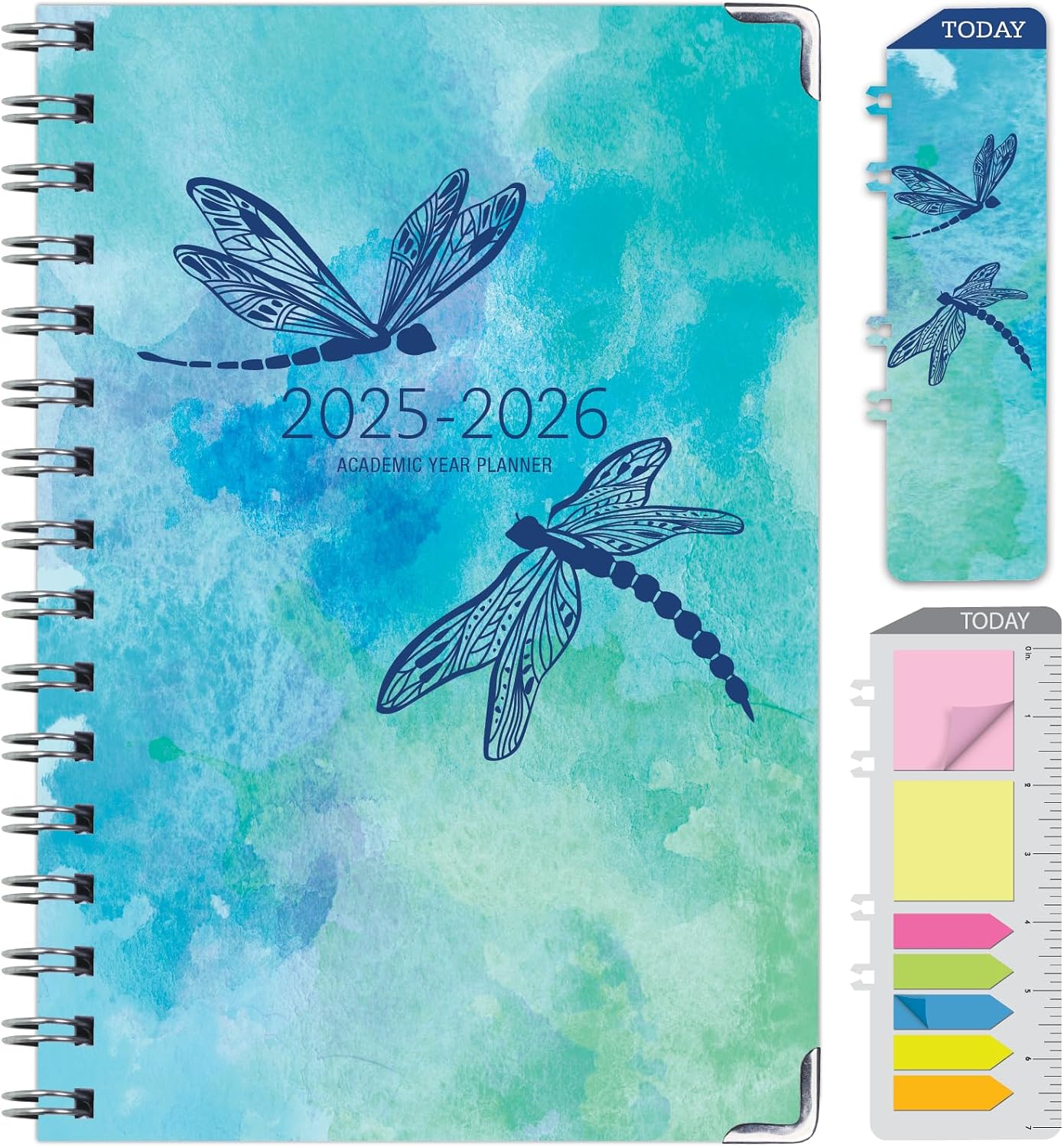 HARDCOVER Academic Year 2025-2026 Planner: June 2025 Through July 2026 5.5x8 Daily Weekly Monthly Planner Yearly Agenda. Bookmark, Pocket Folder and Sticky Note Set Dragonflies
