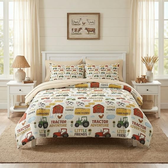 Twin Comforter Set with Sheets, 5 Pieces Tractor Farm Bedding
