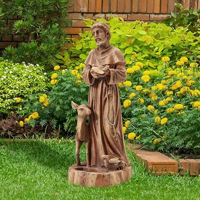 YOLENY St Francis of Assisi Statue Outdoor with Bird Feeder, 25 H Saint Francis Garden Statue, Religious Sculpture Decor for Patio Lawns