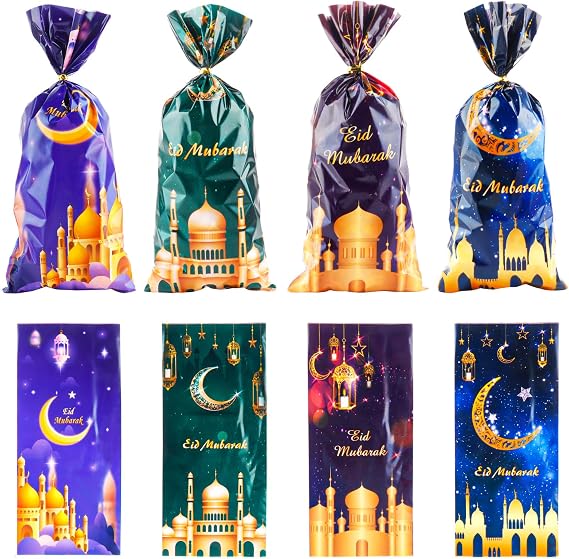 LERCTH 50 PCS Ramadan Eid Mubarak Gift Bags with Gold Twist Ties - 4.9x10.7 Inch Metallic Foil Treat Bags, Moon Star Design Party Favor Bags for Islamic Holiday Celebrations