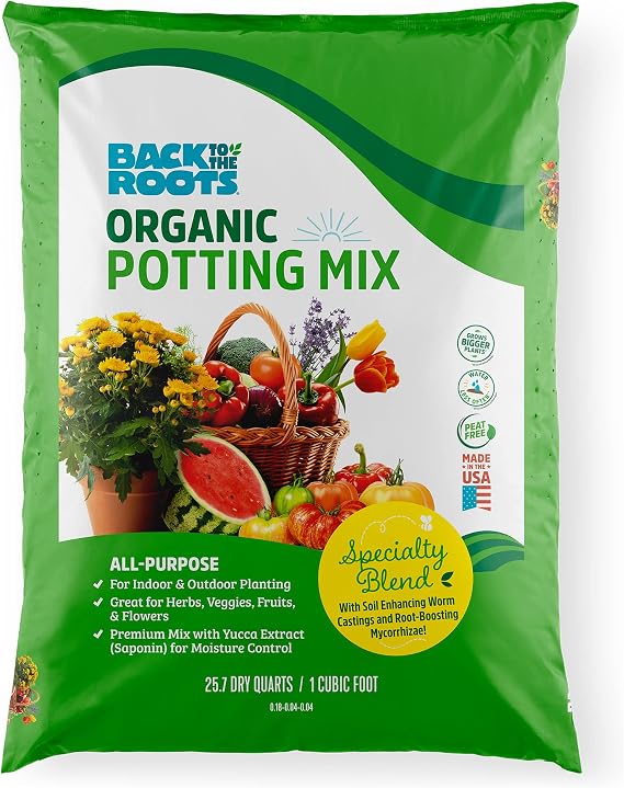 Back to the Roots All-Purpose Potting Mix 1 Cubic Ft (25.7 qt) 100% Organic, Made for Indoor & Outdoor Herbs, Veggies, Flowers- Nutrient Rich Plant Food, Worm-Castings, Moisture Controlling Yucca