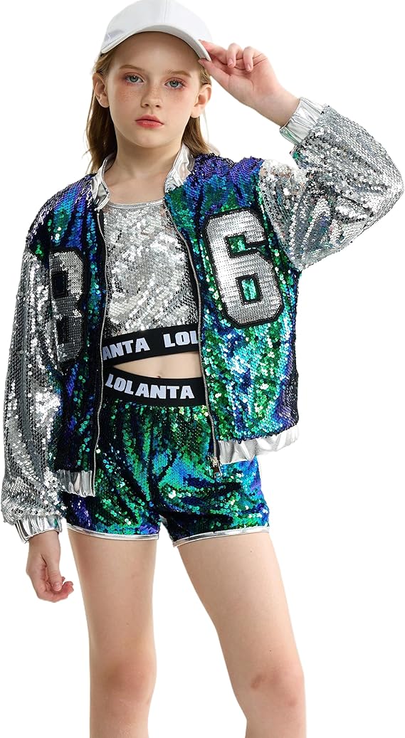 LOLANTA Girls Sequin Dance Costume, 4PCs Sparkle Hip Hop Jazz Outfits