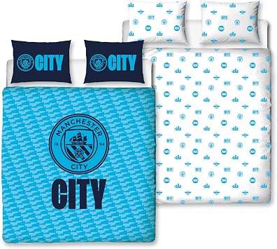 Character World Official Manchester City FC Double Duvet Cover Set, Crestcol Design | Blue Reversible 2 Sided Football Bedding Cover Official Merchandise Including Matching Pillow Cases