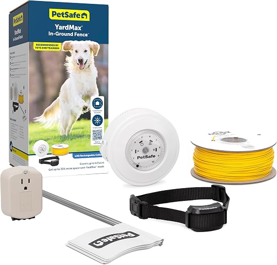 PetSafe YardMax Rechargeable In-Ground Dog Fence - Covers 1/3 Acre - Promotes Safe Freedom - Adjustable Neck Collar - Waterproof Pet Collar - Electric Fence System for Outdoor Dogs - Includes | Waterproof Rechargeable Collar, Tone-Only Mode Plus Static, Expandable to 5.5 Acres, Dogs & Cats 5 Lb+, Neck 6-28 in
