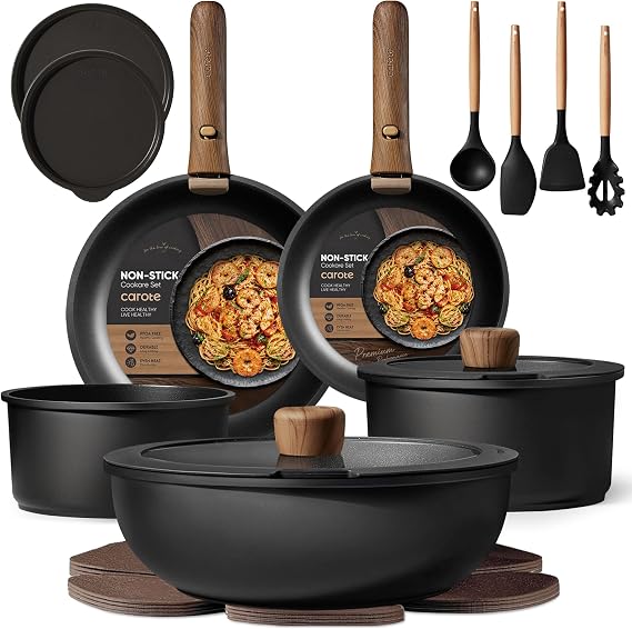 CAROTE 19pcs Pots and Pans Set Non Stick, Detachable Handle Cookware Set | Induction Compatible, Dishwasher & Oven Safe, Space Saving, for Camping/RV/Traveling, Kitchen Cooking Set, Black