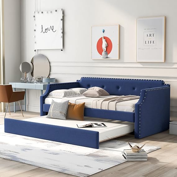 Twin Size Daybed with Trundle, Upholstered Twin Daybed Frame, Sofa Bed for Bedroom Living Room, Blue