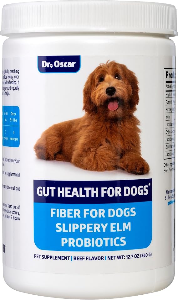 Dr. Oscar Probiotics & Fiber for Dogs with Occasional Diarrhea & Constipation - Gut Health, Digestive Support, Pumpkin, Slippery Elm, Psyllium Husk - Powder 12.7 OZ, 90 Scoops