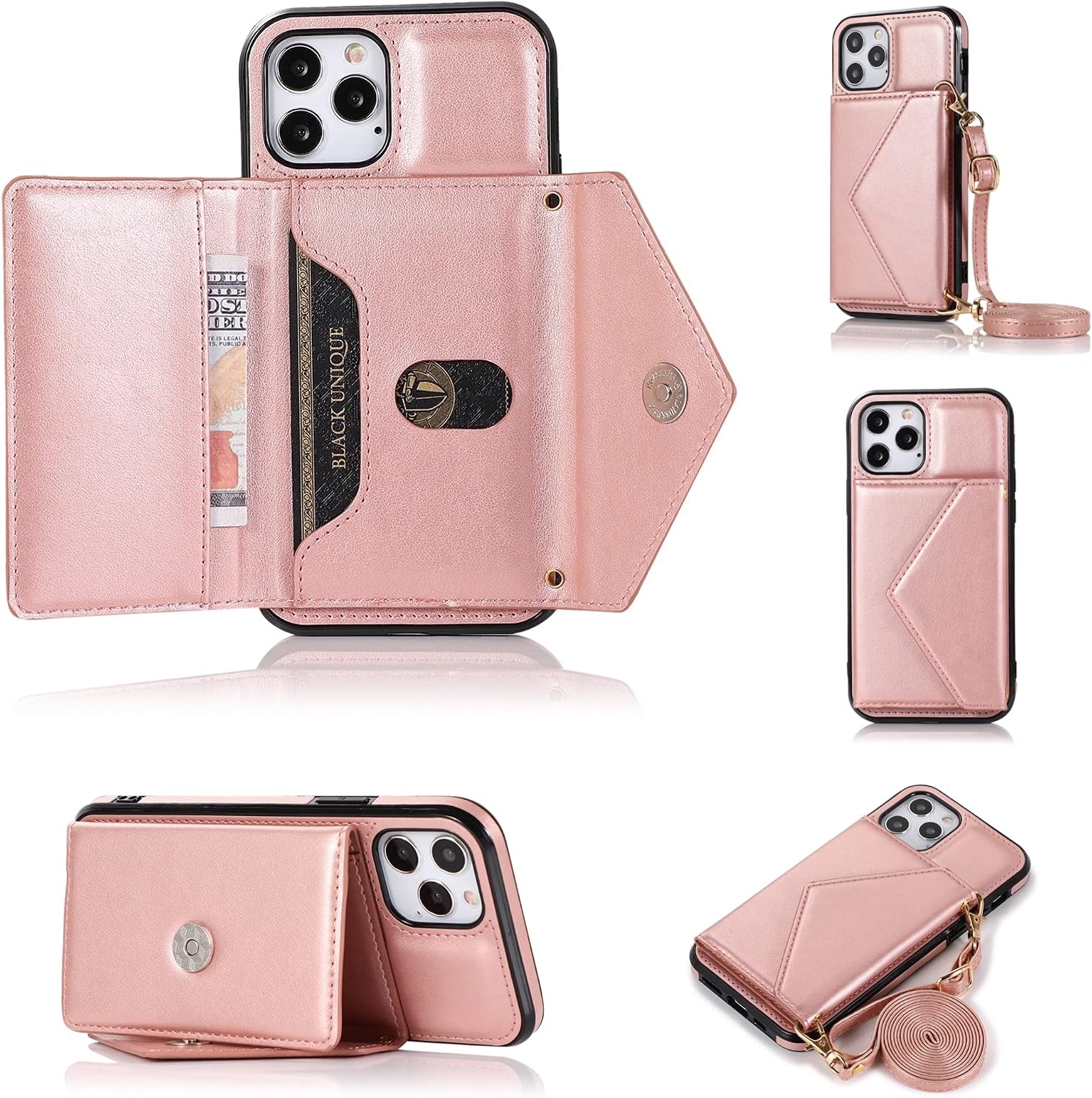 Maxmama Wallet Case for iPhone 12 Pro Max Premium PU Leather Crossbody Phone Case with Card Slots and Kickstand Rose Gold 6.7 inch