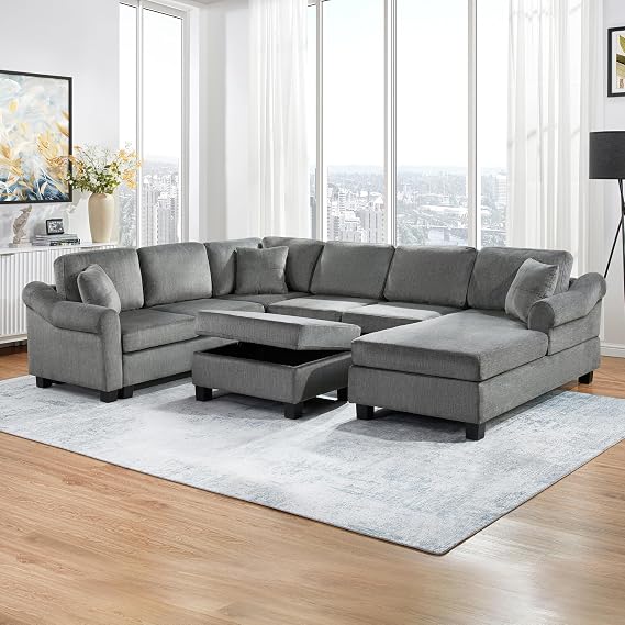 Modern U-Shaped Sectional Sofa, 111.8" Chenille Upholstered Sofa Couch with Movable Storage Ottoman and Pillows for Living Room Office Apartment (Dark Gray-5.28)