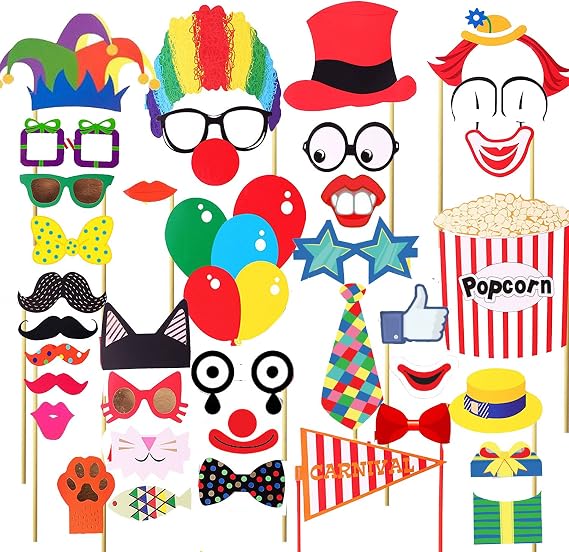 36PCS Circus Clown Birthday Party Masks Photo Booth Props Mustache On A Stick