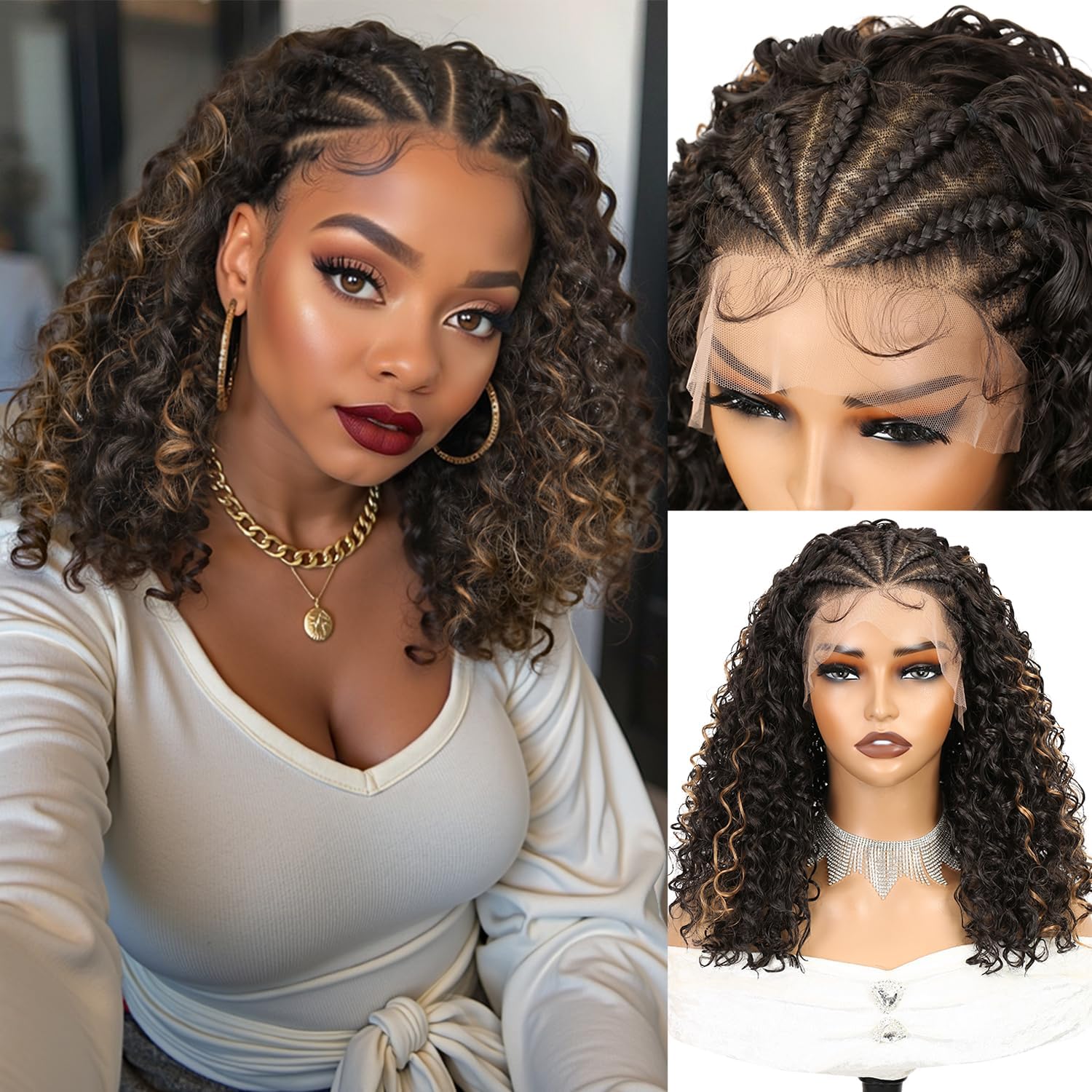 WIGNEE Afro Curly Lace Wigs 13x4 Lace Front Half-Cornrows Half-Deep Curly Wig Pre-Plucked Highlight Braided Curly Wigs For Black Women Curly Braided Bob Synthetic Wig