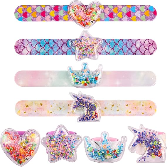Little World Slap Bracelets, Quicksand Slap Bracelets for Girls, Glitter Shaker Unicorn Bracelets with Silicone Wristbands for Kids Birthday Party Favors Supplies for Children's Day (4 Pack)