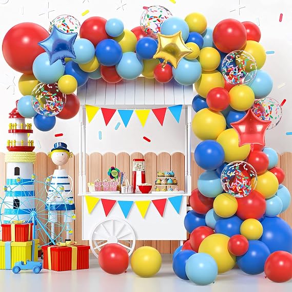 Red Blue Yellow Balloon Arch Kit, 106pcs Carnival Circus Balloon Garland Arch Set with Star Foil Balloons Multicolor Confetti Balloons for Carnival Birthday Baby Shower Circus Theme Party Decorations