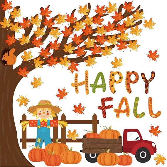 Whaline 100Pcs Happy Fall Tree Bulletin Board Decorations Thanksgiving Maple Leaf Tree Pumpkin Scarecrow Cutouts Autumn Classroom Decor for Fall Party Home School Chalkboard Wall Decor