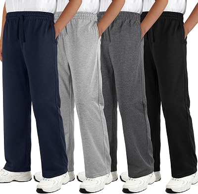 4 Pack Boys Sweatpants Boys Athletic Joggers Pants Kids Youth Open Bottom Pants with Pockets Drawstring