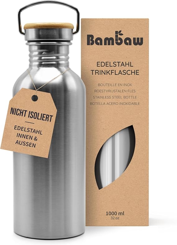 Bambaw Stainless Steel Water Bottle Durable Water Bottle Reusable Eco Water Bottle for Camping & Campfire Metal Drinking Bottle Without Plastic Leak-Proof Sports Bottle 1000 ml
