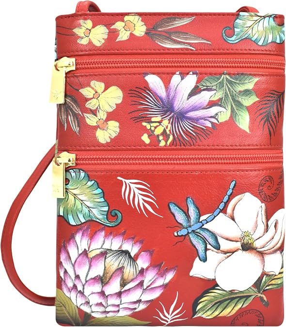 Anuschka Womens Hand Painted Genuine Leather Mini Double Zip Travel Crossbody - Magnetic Closure, ID Holder & Optical Case