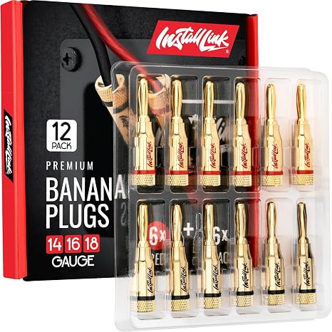 Install Link Banana Plugs for Speaker Wire (12 Pack) Gold-Plated, Red/Black