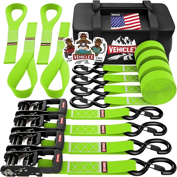 Vehiclex 1.5" x 15' Ratchet Tie Down Straps, 4 Pack, Green