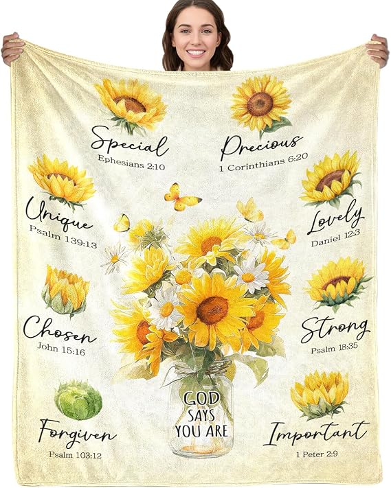 Christian Blanket with Sunflowers, Christian Gifts for Women, Religious Gifts for Women, Inspirational Gift for Her, Spiritual Faith Gift for Daughter, God Says You are Blanket, 50"X60"