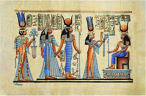 Egyptian Authentic Papyrus Original Hand Painted Painting Paper Pharaoh Ancient Queen Cleopatra Queens Ankh Lotus Horus Scroll Hieroglyphic Pharaohs Papyri Hieroglyphics ( 12" x 16" / 30 x 40 cm )