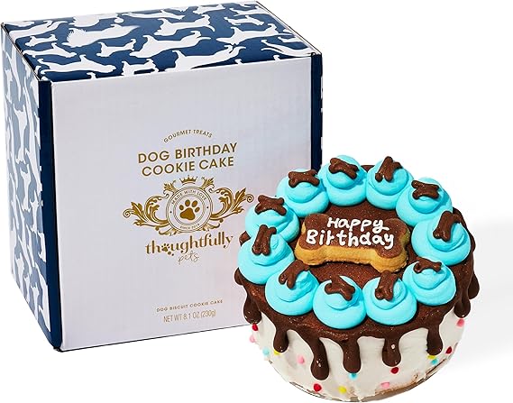Thoughtfully Pets, Blue Dog Happy Birthday Mini Cookie Cake, Blue, Peanut Butter Flavored, Hand Decorated Hollow Biscuit Cake for All Dog Breeds