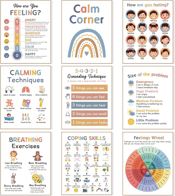 9 Calming Corner Posters,Calm Down Corner Feelings Chart for Kids, Mental Health Posters,Classroom Educational Poster Emotions Chart Coping Skills,Preschool Classroom Wall Art Decorations Mood Calming