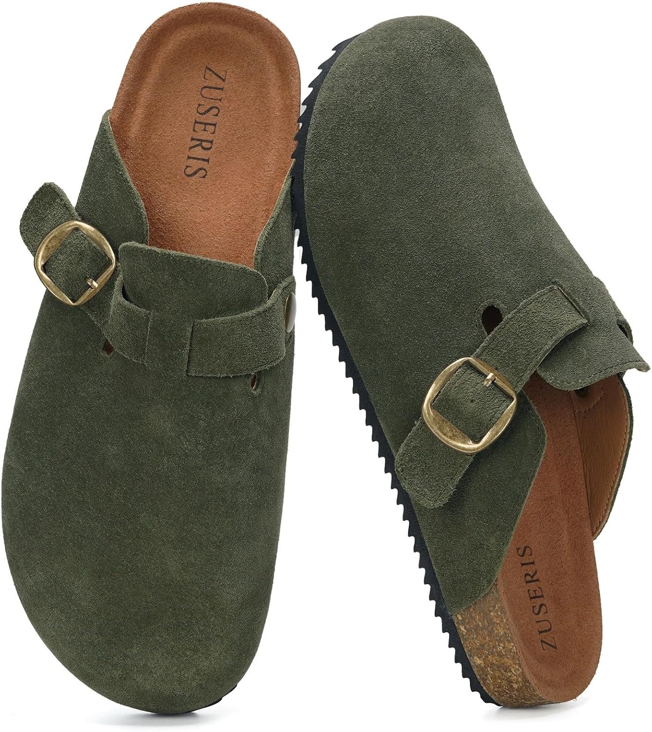 ZUSERIS Womens Mens Suede Clogs Leather Mules Cork Footbed Sandals Slip on Comfort Potato Shoes with Arch Support