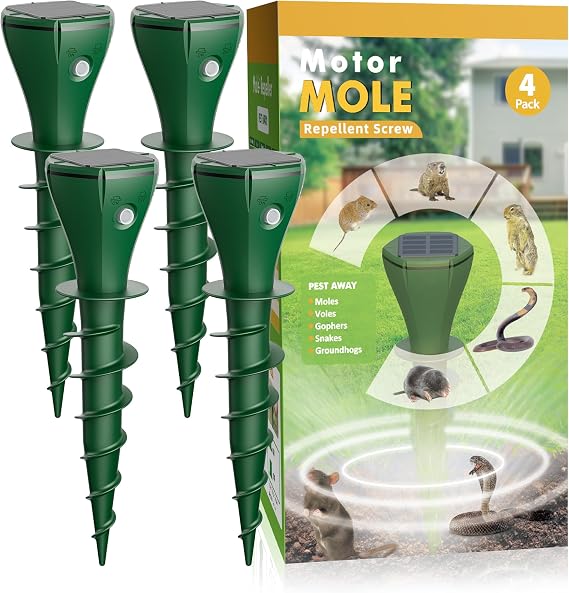4 Pack Solar Powered Animal Repellent for Yards - Waterproof Sonic Vibration Device Removes Moles, Gophers, Groundhogs, Voles, Snakes - Simple Twist Stakes for Lawn & Garden