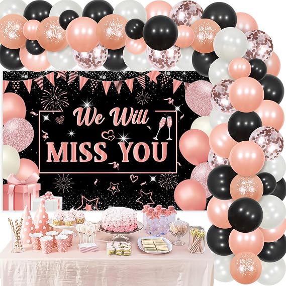 Farewell Party Decorations for Women - Rose Gold and Black Balloon Garland Arch Kit with We Will Miss You Backdrop, Coworker Going Away Supplies for Retirement Office Work Goodbye Party