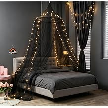 Mosquito Net Bed Canopy, Bed Cover with 100 LED String Lights, Oversized Hanging Queen Canopy Bed Curtains Princess Mosquito Net for Adults, Double Bed Accessories (Black)