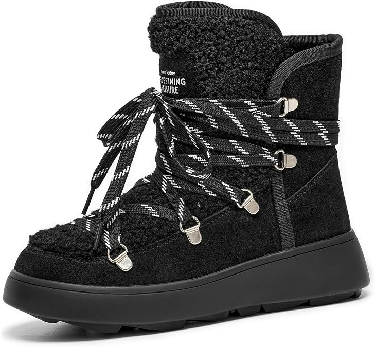 BEAU TODAY Snow Boots for Women, Suede Fur Womens Platform Boots Anti-Slip Lace Up Round Toe Ankle Boots Comfort Outdoor Walking Winter Shoes