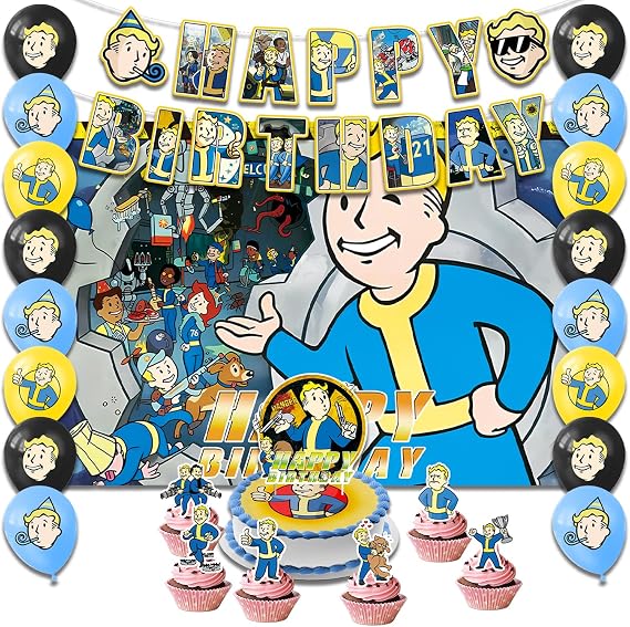 42pcs Fallout Birthday Party Supplies Pack Includes,Banner,Cake Topper,Blackdrop,Balloons for Fallout party supplies