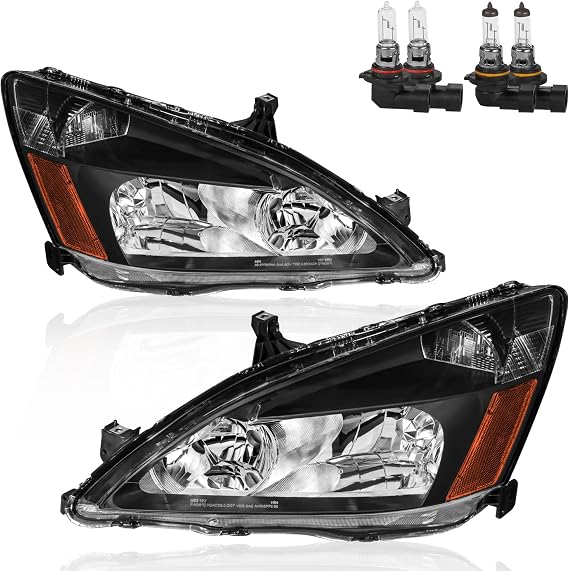 KUIPERAUTO Headlights Assembly Replacement Compatible with 2003-2007 Honda Accord Halogen with Clear Lens Black Housing Amber Reflector Front Lamps Driver and Passenger Side (Set of 2)