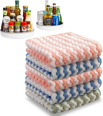 JOYMOOP Microfiber Cleaning Cloth, 5 PCS Kitchen Towels10 x 10, Absorbent Streak Free Lint Cleaning Cloths, Reusable and Washable Dish Rags with 12 and 10 Lazy Susan Organizer