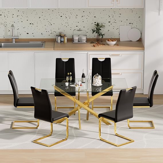 Glass Dining Table Set for 6, Modern 51" Dining Room Table Set for 6, Gold X-Shape Pedestal Glass Table with 6pcs Black Dining Chairs, 7 Piece Dining Table Set for Dining Living Room