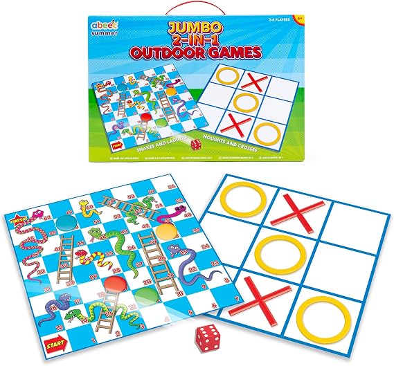 abeec Giant Snakes and Ladders Garden Game for Kids | 2 in 1 with Giant Noughts and Crosses | Two 90cm Mats, Oversized Pieces and Ground Pegs | Outdoor Family Game Ages 3+