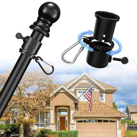 House Flag Pole Kit - 5ft Heavy Duty Flagpole Outdoor,Decorative Tangle Free Flag Poles for Outside House Porch Garage Truck,Wall Mount & Portable 3x5 Hand Held Flagpole - Black