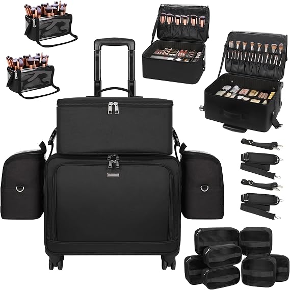 Rolling Makeup Case Professional Makeup Artist Bag 4 in 1 Extra Large Makeup Bag with 7 Small Bags Makeup Train Case Trolley Cosmetic Case with Rotating Wheels and Adjustable Dividers, Black, 2XL