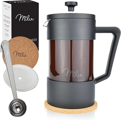 Milu French Press Coffee Maker | 350 ml, 600 ml, 1 L | French Press Glass, Set Includes Coaster, Spoon, Extra Replacement Filter Black, 600 ml 3 Cups