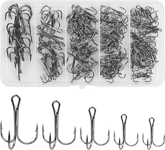Fishing Treble Hooks Kit, High Carbon Steel Treble Hook Strong Sharp Round Bend Fishing Hook Triple Fish Hook with Split Rings for Trout Hard Bait Lures Saltwater Fishing