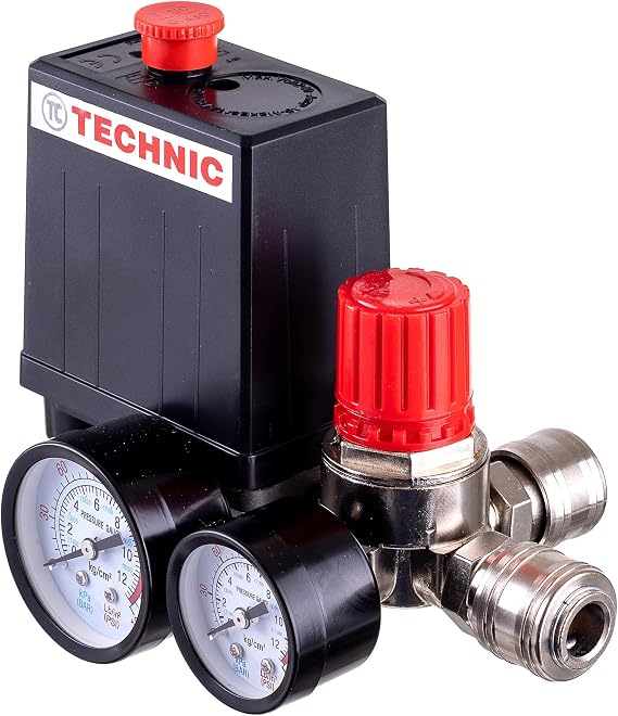 TC TECHNIC Pressure Regulator, Air Compressor Switch, 2 Pressure Gauges, Automatic, Black