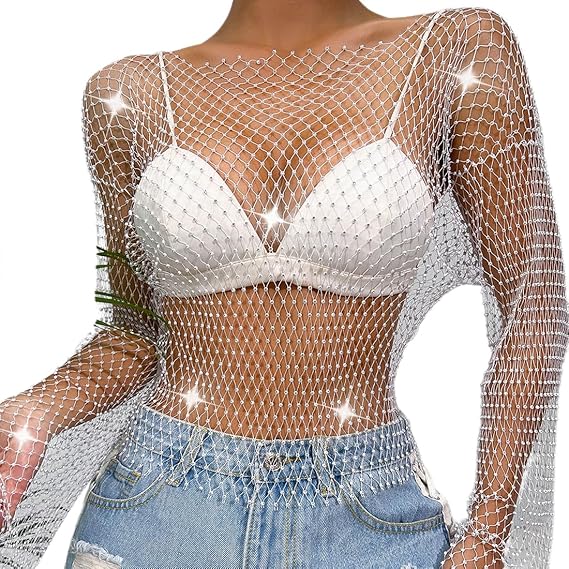 OBEEII Women Rhinestone Mesh Top Long Sleeve Crystal Crop Top Sparkly See Through Shirt Rave Party Clubwear